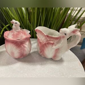 Pink Easter Bunny On Cabbage Ceramic Cream & Sugar Jar Set Coffee Bar Tea NEW